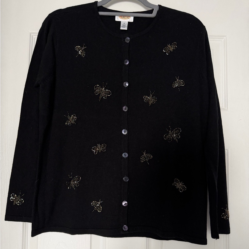 Talbots Vintage Black Sweater with Gold Beaded Embellishments Silk Wool Blend